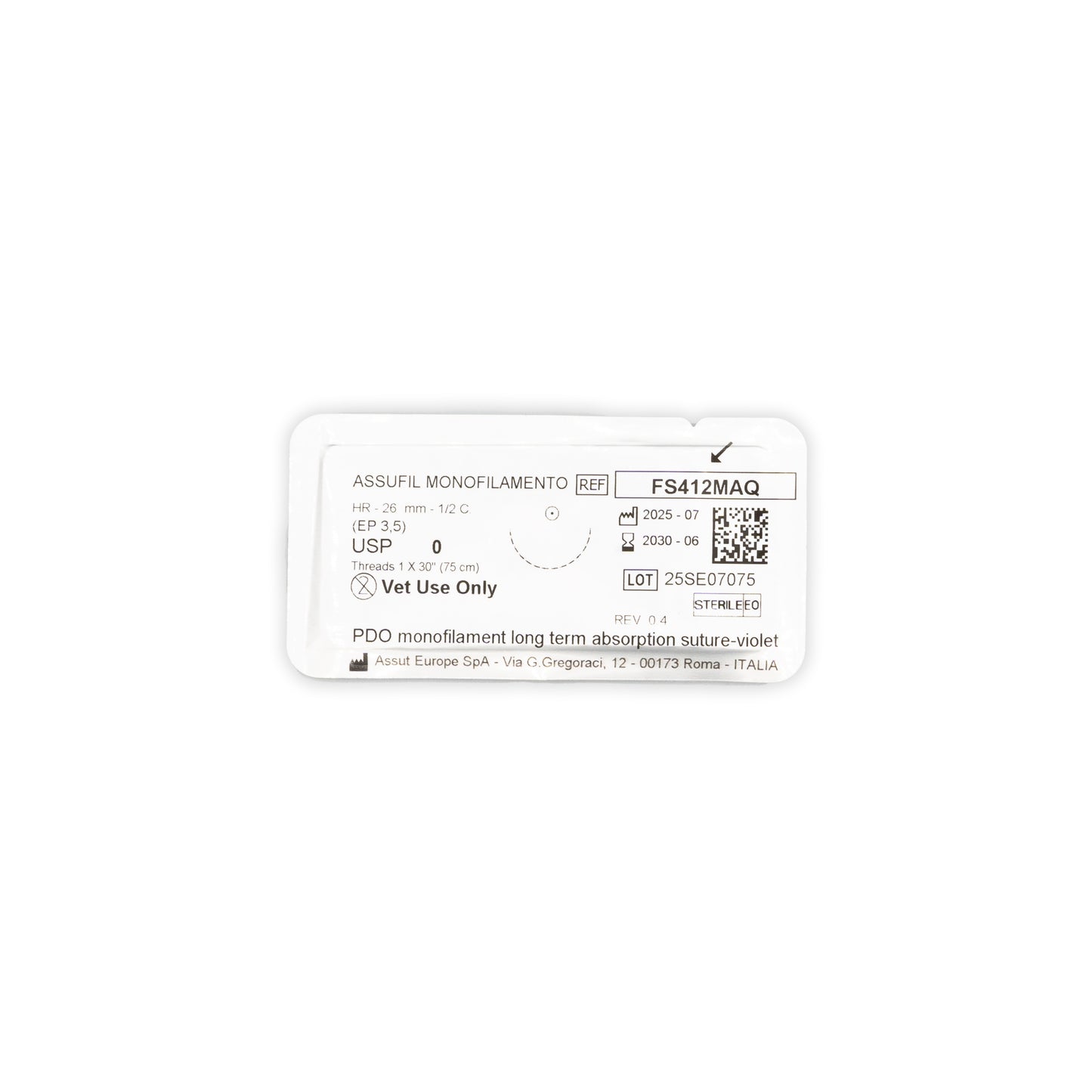 ASSUFIL MONOFILAMENT Absorbable Surgical Suture USP Size 0, (HR-26) 26 mm 1/2 C. TAPER, 30 Inches (75 cm), 1 Count, Veterinary Use Only (Sample)