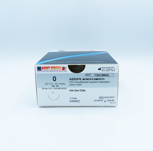 ASSUFIL MONOFILAMENT Absorbable Surgical Suture USP Size 0, (HR-26) 26 mm 1/2 C. TAPER, 30 Inches (75 cm), 12 Count, Veterinary Use Only