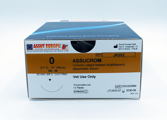 ASSUCROM Absorbable Surgical Suture USP Size 0, (DS-30) 30mm 3/8 C. Cutting Edge, 35 Inches (90 cm), 12 Count, Veterinary Use Only
