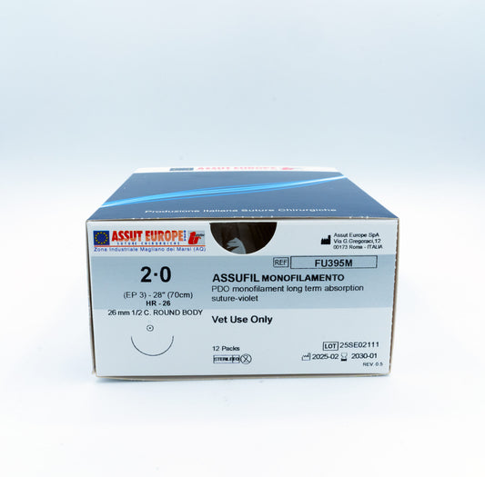 ASSUFIL MONOFILAMENT Absorbable Surgical Suture USP Size 2-0, (HR-26) 26 mm 1/2 C. TAPER, 28 Inches (70 cm), 12 Count, Veterinary Use Only