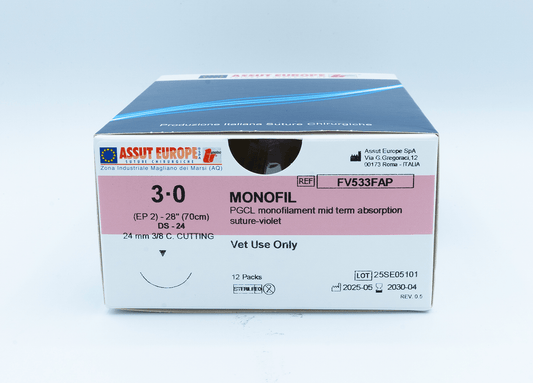 MONOFIL Absorbable Surgical Suture USP Size 3-0, (DS-24) 24mm 3/8 C. Cutting Edge, 28 Inches (70 cm), 12 Count, Veterinary Use Only