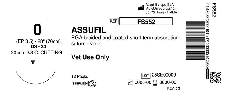 ASSUFIL Absorbable Surgical Suture USP Size 0, (DS-30) 30mm 3/8 C. Cutting Edge, 28 Inches (70 cm), 12 Count, Veterinary Use Only