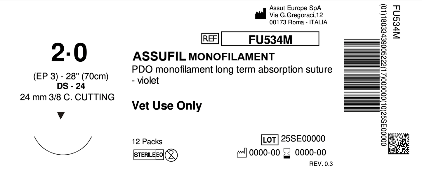 ASSUFIL MONOFILAMENT Absorbable Surgical Suture USP Size 2-0, (DS-24) 24 mm 3/8 C. CUTTING EDGE, 28 Inches (70 cm), 12 Count, Veterinary Use Only