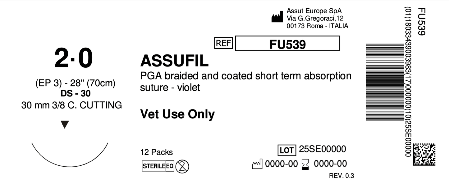 ASSUFIL Absorbable Surgical Suture USP Size 2-0, (DS-30) 30mm 3/8 C. Cutting Edge, 28 Inches (70 cm), 12 Count, Veterinary Use Only
