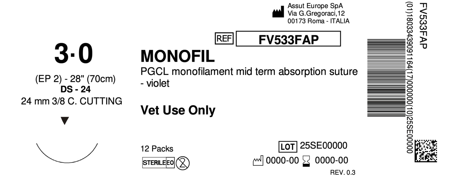 MONOFIL Absorbable Surgical Suture USP Size 3-0, (DS-24) 24mm 3/8 C. Cutting Edge, 28 Inches (70 cm), 12 Count, Veterinary Use Only