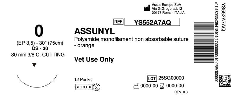 ASSUNYL Non-Absorbable Surgical Suture USP Size 0, (DS-30) 30 mm 3/8 C. Cutting Edge, 30 Inches (75 cm), 1 Count, Veterinary Use Only (Sample)
