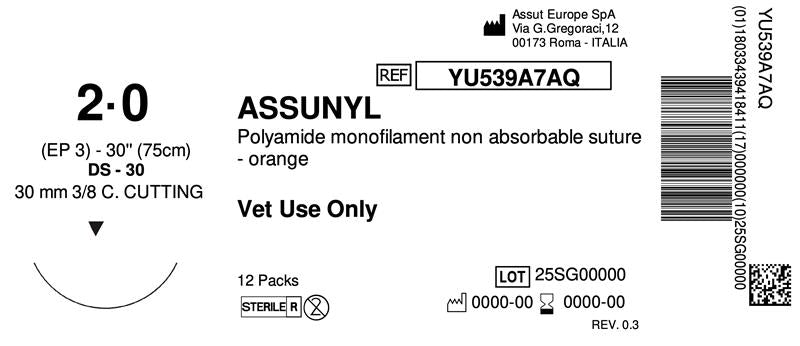 ASSUNYL Non-Absorbable Surgical Suture USP Size 2-0, (DS-30) 30 mm 3/8 C. Cutting Edge, 30 Inches (75 cm), 12 Count, Veterinary Use Only