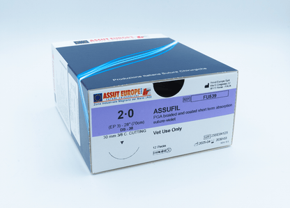 ASSUFIL Absorbable Surgical Suture USP Size 2-0, (DS-30) 30mm 3/8 C. Cutting Edge, 28 Inches (70 cm), 12 Count, Veterinary Use Only