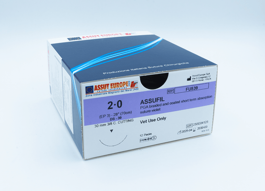 ASSUFIL Absorbable Surgical Suture USP Size 2-0, (DS-30) 30mm 3/8 C. Cutting Edge, 28 Inches (70 cm), 12 Count, Veterinary Use Only