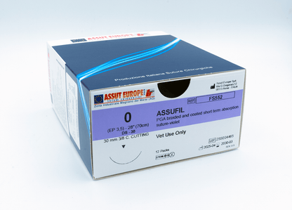 ASSUFIL Absorbable Surgical Suture USP Size 0, (DS-30) 30mm 3/8 C. Cutting Edge, 28 Inches (70 cm), 12 Count, Veterinary Use Only