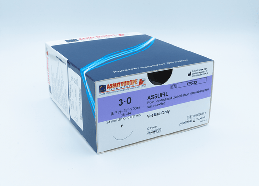 ASSUFIL Absorbable Surgical Suture USP Size 3-0, (DS-24) 24mm 3/8 C. Cutting Edge, 28 Inches (70 cm), 12 Count, Veterinary Use Only