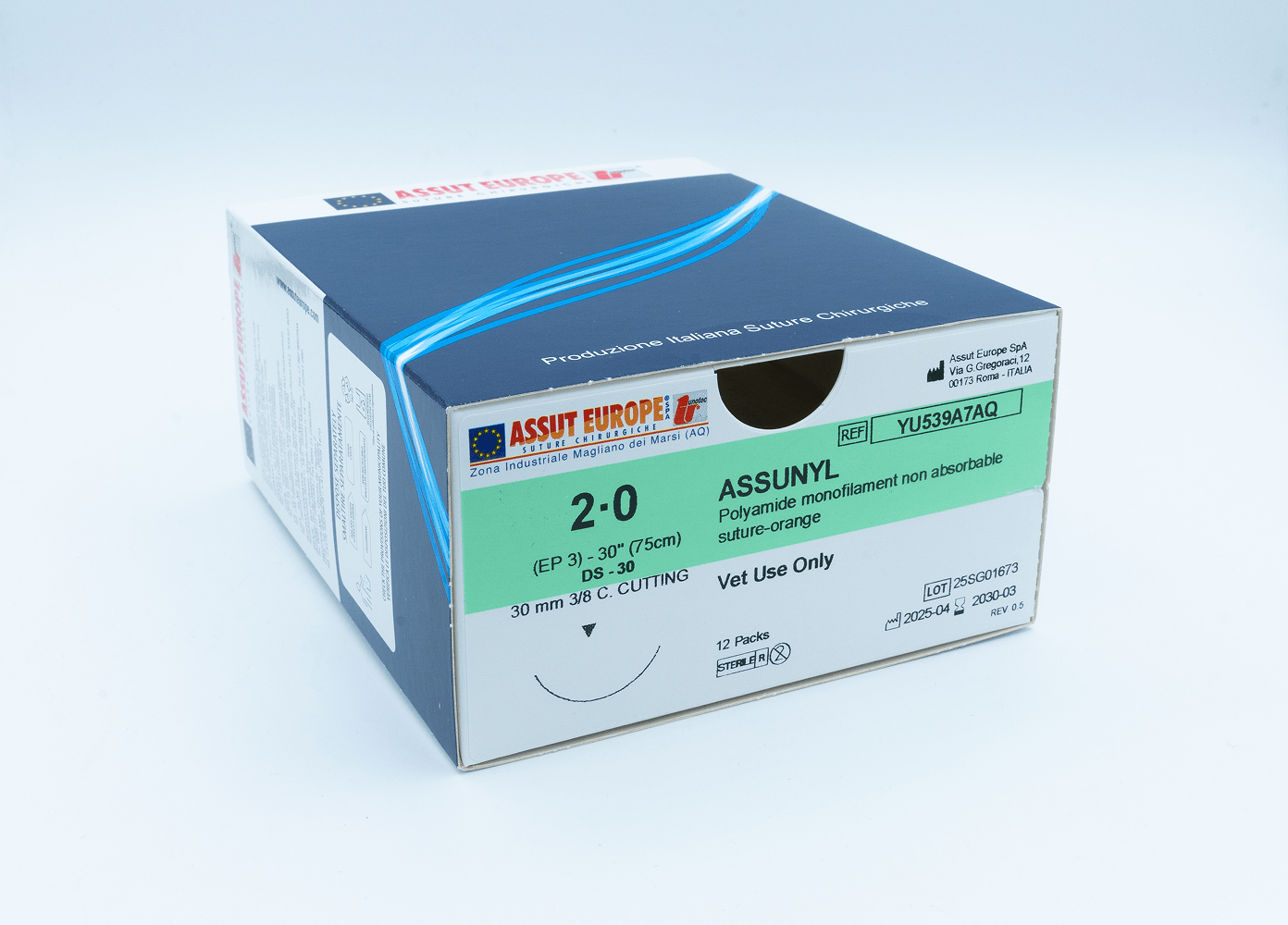 ASSUNYL Non-Absorbable Surgical Suture USP Size 2-0, (DS-30) 30 mm 3/8 C. Cutting Edge, 30 Inches (75 cm), 12 Count, Veterinary Use Only