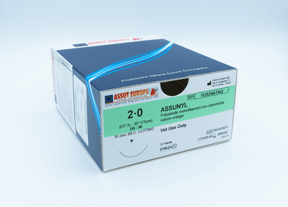 ASSUNYL Non-Absorbable Surgical Suture USP Size 2-0, (DS-30) 30 mm 3/8 C. Cutting Edge, 30 Inches (75 cm), 12 Count, Veterinary Use Only