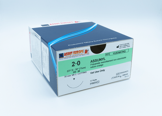 ASSUNYL Non-Absorbable Surgical Suture USP Size 2-0, (DS-30) 30 mm 3/8 C. Cutting Edge, 30 Inches (75 cm), 12 Count, Veterinary Use Only