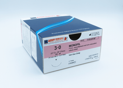 MONOFIL Absorbable Surgical Suture USP Size 3-0, (DS-24) 24mm 3/8 C. Cutting Edge, 28 Inches (70 cm), 12 Count, Veterinary Use Only