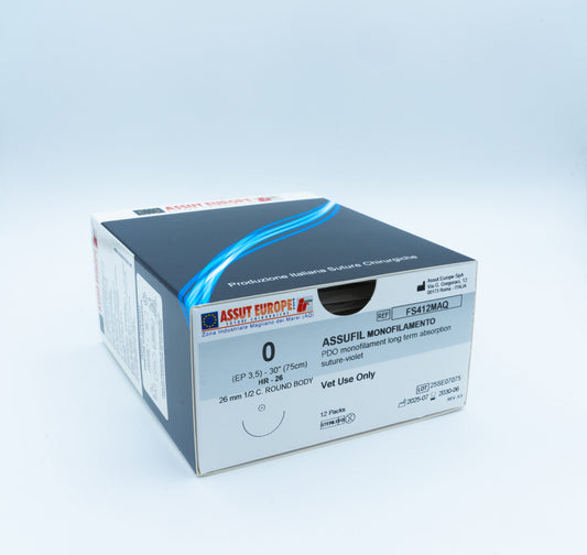 ASSUFIL MONOFILAMENT Absorbable Surgical Suture USP Size 0, (HR-26) 26 mm 1/2 C. TAPER, 30 Inches (75 cm), 12 Count, Veterinary Use Only