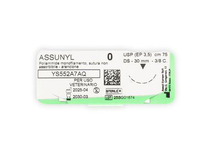 ASSUNYL Non-Absorbable Surgical Suture USP Size 0, (DS-30) 30 mm 3/8 C. Cutting Edge, 30 Inches (75 cm), 1 Count, Veterinary Use Only (Sample)