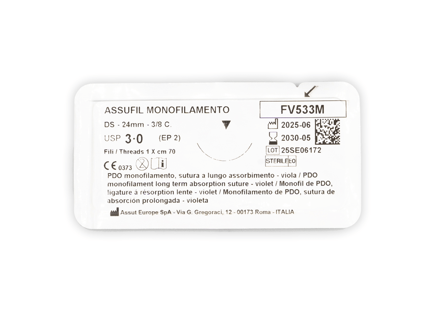 ASSUFIL MONOFILAMENT Absorbable Surgical Suture USP Size 3-0, (DS-24) 24 mm 3/8 C. CUTTING EDGE, 28 Inches (70 cm), 12 Count, Veterinary Use Only
