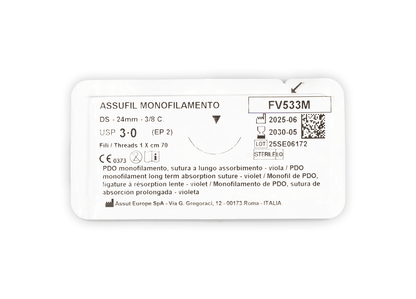 ASSUFIL MONOFILAMENT Absorbable Surgical Suture USP Size 3-0, (DS-24) 24 mm 3/8 C. CUTTING EDGE, 28 Inches (70 cm), 12 Count, Veterinary Use Only