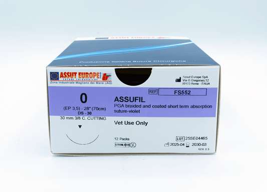 ASSUFIL Absorbable Surgical Suture USP Size 0, (DS-30) 30mm 3/8 C. Cutting Edge, 28 Inches (70 cm), 12 Count, Veterinary Use Only