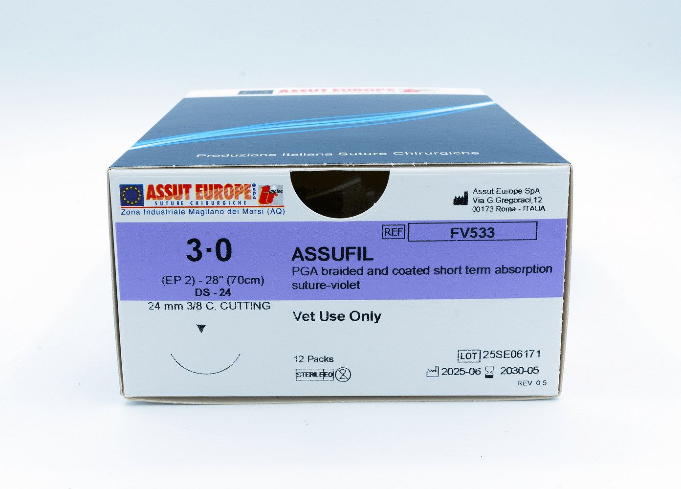 ASSUFIL Absorbable Surgical Suture USP Size 3-0, (DS-24) 24mm 3/8 C. Cutting Edge, 28 Inches (70 cm), 12 Count, Veterinary Use Only