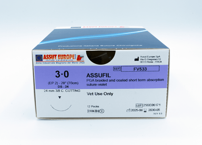 ASSUFIL Absorbable Surgical Suture USP Size 3-0, (DS-24) 24mm 3/8 C. Cutting Edge, 28 Inches (70 cm), 12 Count, Veterinary Use Only