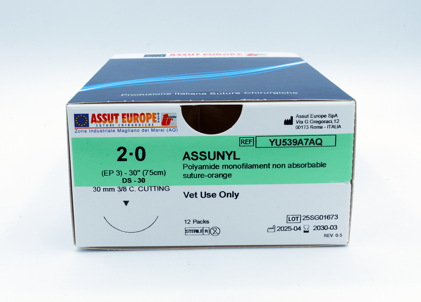 ASSUNYL Non-Absorbable Surgical Suture USP Size 2-0, (DS-30) 30 mm 3/8 C. Cutting Edge, 30 Inches (75 cm), 12 Count, Veterinary Use Only