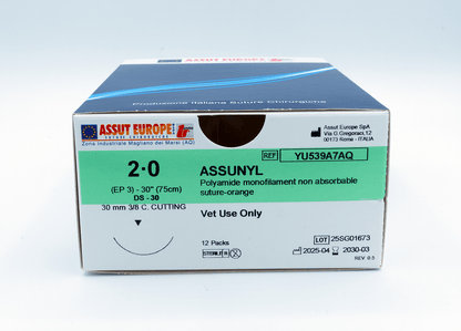ASSUNYL Non-Absorbable Surgical Suture USP Size 2-0, (DS-30) 30 mm 3/8 C. Cutting Edge, 30 Inches (75 cm), 12 Count, Veterinary Use Only