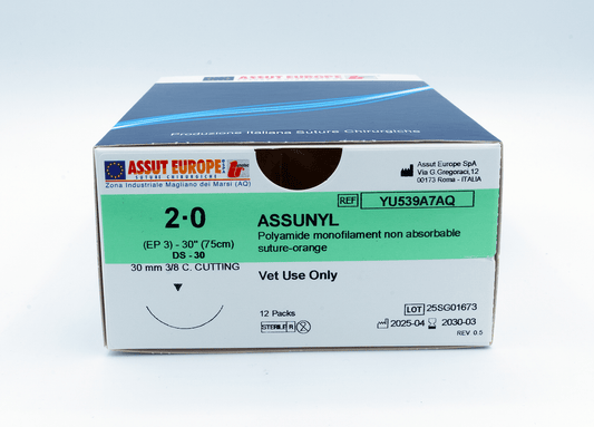 ASSUNYL Non-Absorbable Surgical Suture USP Size 2-0, (DS-30) 30 mm 3/8 C. Cutting Edge, 30 Inches (75 cm), 12 Count, Veterinary Use Only