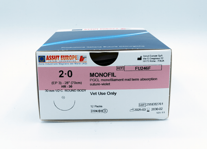 MONOFIL Absorbable Surgical Suture USP Size 2-0, (HR-30) 30mm 1/2 C. TAPER, 28 Inches (70 cm), 12 Count, Veterinary Use Only