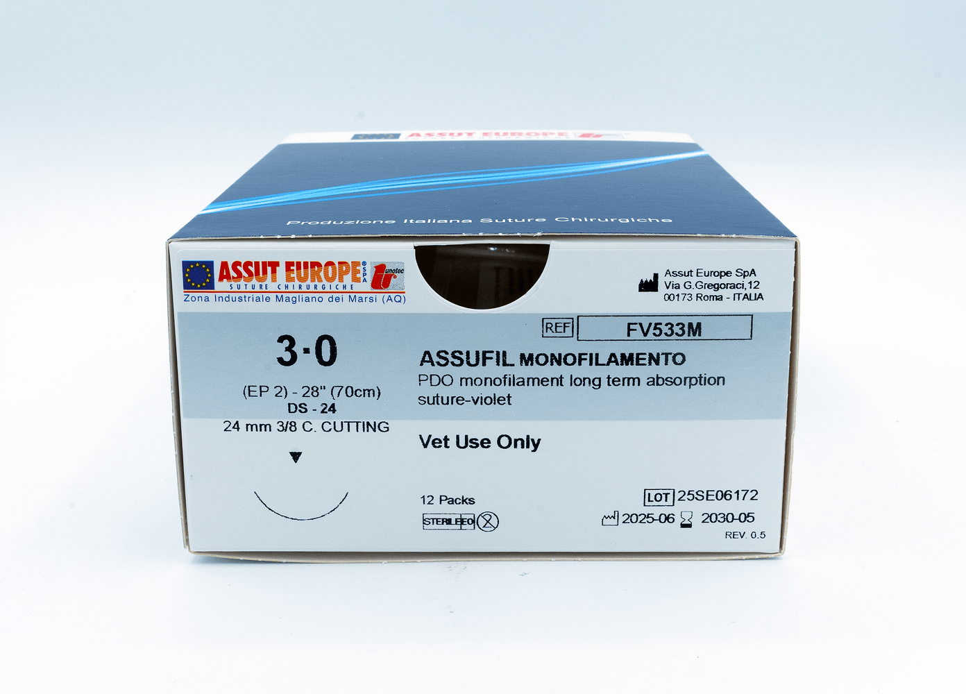 ASSUFIL MONOFILAMENT Absorbable Surgical Suture USP Size 3-0, (DS-24) 24 mm 3/8 C. CUTTING EDGE, 28 Inches (70 cm), 12 Count, Veterinary Use Only