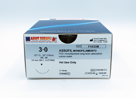 ASSUFIL MONOFILAMENT Absorbable Surgical Suture USP Size 3-0, (DS-24) 24 mm 3/8 C. CUTTING EDGE, 28 Inches (70 cm), 12 Count, Veterinary Use Only