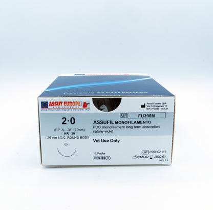 ASSUFIL MONOFILAMENT Absorbable Surgical Suture USP Size 2-0, (HR-26) 26 mm 1/2 C. TAPER, 28 Inches (70 cm), 12 Count, Veterinary Use Only