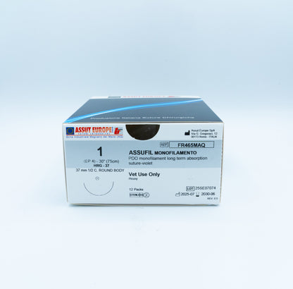 ASSUFIL MONOFILAMENT Absorbable Surgical Suture USP Size 1, (HRG-37) 37 mm 1/2 C. TAPER, 30 Inches (75 cm), 12 Count, Veterinary Use Only