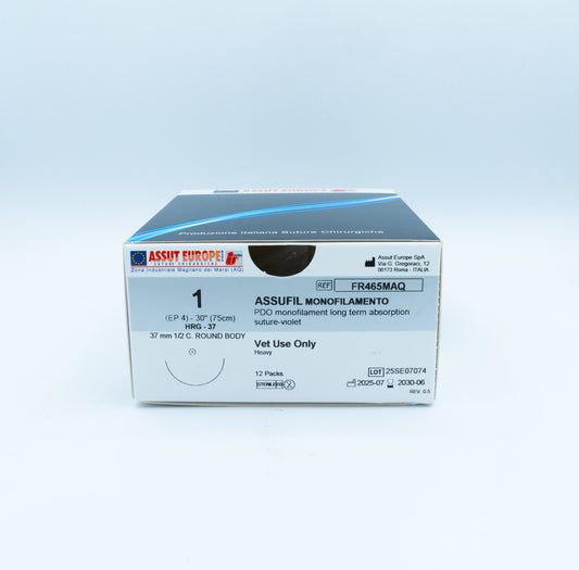 ASSUFIL MONOFILAMENT Absorbable Surgical Suture USP Size 1, (HRG-37) 37 mm 1/2 C. TAPER, 30 Inches (75 cm), 12 Count, Veterinary Use Only