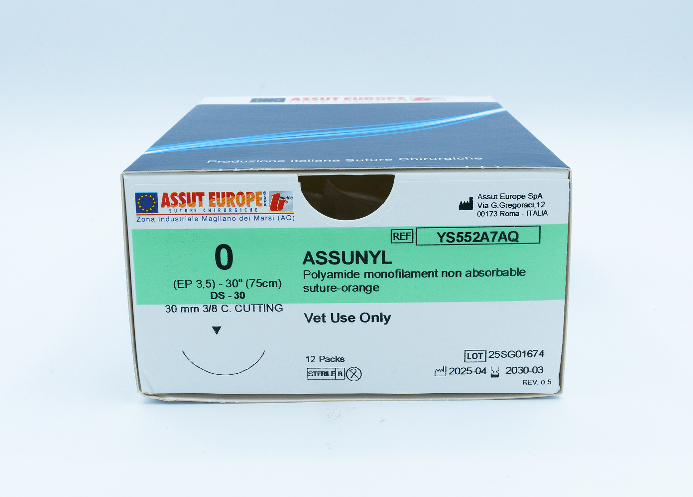 ASSUNYL Non-Absorbable Surgical Suture USP Size 0, (DS-30) 30 mm 3/8 C. Cutting Edge, 30 Inches (75 cm), 12 Count, Veterinary Use Only