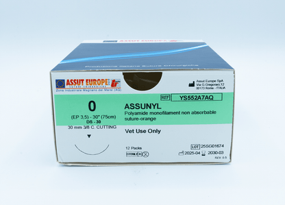ASSUNYL Non-Absorbable Surgical Suture USP Size 0, (DS-30) 30 mm 3/8 C. Cutting Edge, 30 Inches (75 cm), 12 Count, Veterinary Use Only