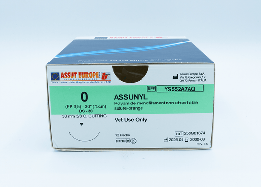 ASSUNYL Non-Absorbable Surgical Suture USP Size 0, (DS-30) 30 mm 3/8 C. Cutting Edge, 30 Inches (75 cm), 12 Count, Veterinary Use Only