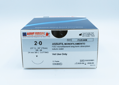 ASSUFIL MONOFILAMENT Absorbable Surgical Suture USP Size 2-0, (DS-24) 24 mm 3/8 C. CUTTING EDGE, 28 Inches (70 cm), 12 Count, Veterinary Use Only