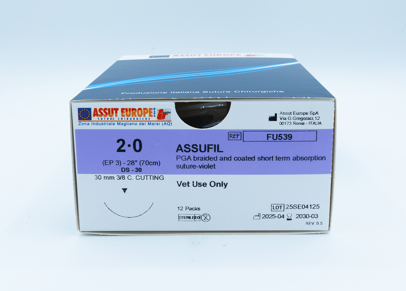 ASSUFIL Absorbable Surgical Suture USP Size 2-0, (DS-30) 30mm 3/8 C. Cutting Edge, 28 Inches (70 cm), 12 Count, Veterinary Use Only