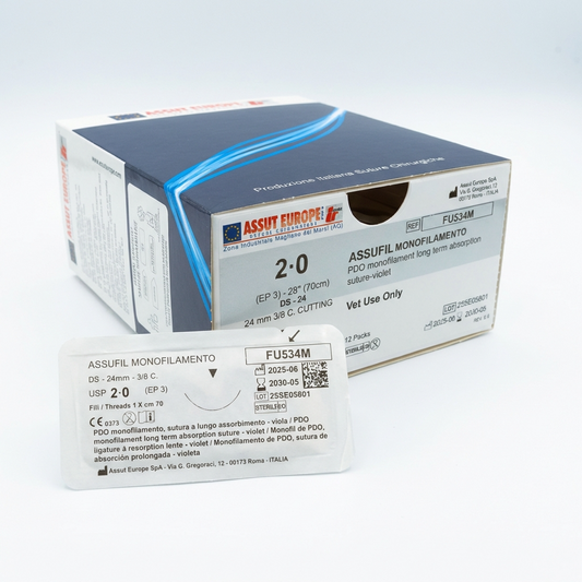 ASSUFIL MONOFILAMENT Absorbable Surgical Suture USP Size 2-0, (DS-24) 24 mm 3/8 C. CUTTING EDGE, 28 Inches (70 cm), 12 Count, Veterinary Use Only