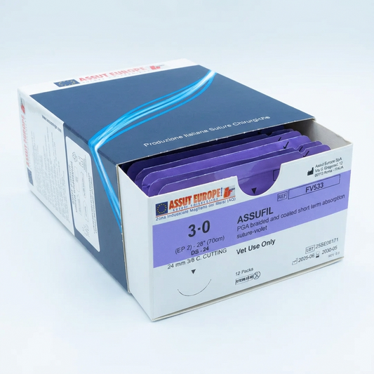 ASSUFIL Absorbable Surgical Suture USP Size 3-0, (DS-24) 24mm 3/8 C. Cutting Edge, 28 Inches (70 cm), 12 Count, Veterinary Use Only