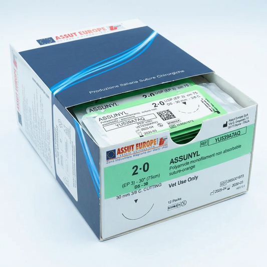 ASSUNYL Non-Absorbable Surgical Suture USP Size 2-0, (DS-30) 30 mm 3/8 C. Cutting Edge, 30 Inches (75 cm), 12 Count, Veterinary Use Only