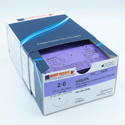 ASSUFIL Absorbable Surgical Suture USP Size 2-0, (DS-30) 30mm 3/8 C. Cutting Edge, 28 Inches (70 cm), 12 Count, Veterinary Use Only