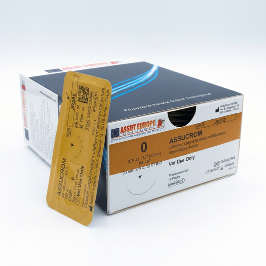 ASSUCROM Absorbable Surgical Suture USP Size 0, (DS-30) 30mm 3/8 C. Cutting Edge, 35 Inches (90 cm), 12 Count, Veterinary Use Only