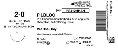FILBLOC Absorbable Surgical Suture USP Size 2-0, (HR-26) 26 mm 1/2 C. TAPER, 18 Inches (45 cm), 12 Count, Veterinary Use Only