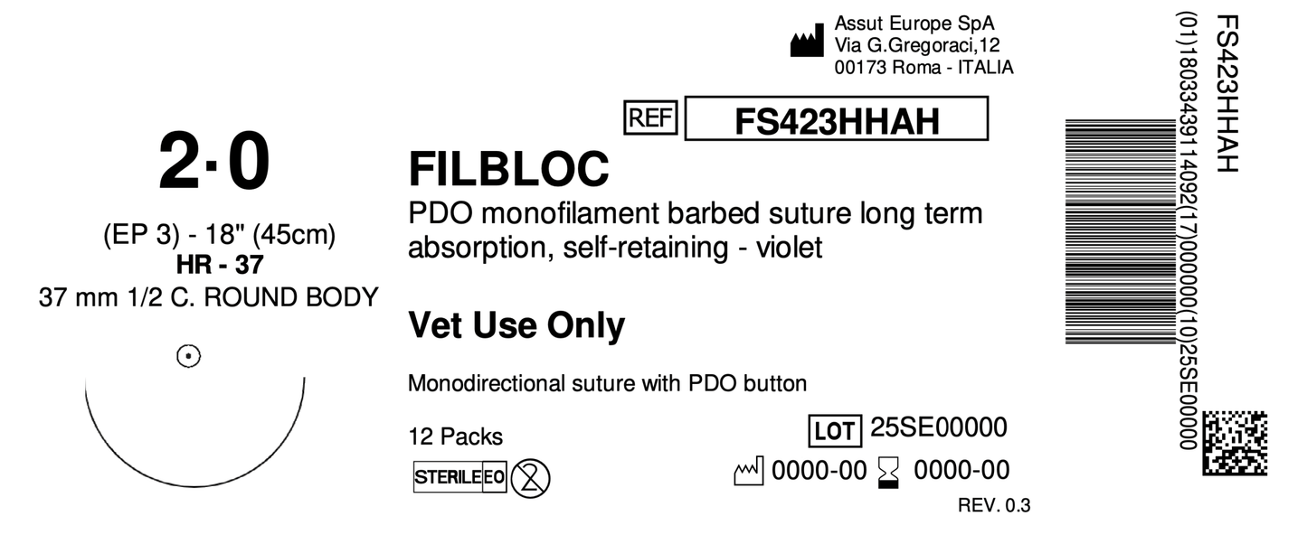 FILBLOC Absorbable Surgical Suture USP Size 2-0, (HR-37) 1/2 37 mm C. Round Body Needle, 18 Inches (45 cm), 12 Count, Veterinary Use Only