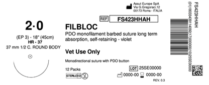 FILBLOC Absorbable Surgical Suture USP Size 2-0, (HR-37) 1/2 37 mm C. Round Body Needle, 18 Inches (45 cm), 12 Count, Veterinary Use Only