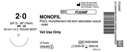 MONOFIL Absorbable Surgical Suture USP Size 2-0, (HR-30) 30mm 1/2 C. TAPER, 28 Inches (70 cm), 12 Count, Veterinary Use Only