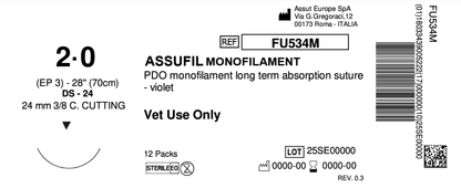 ASSUFIL MONOFILAMENT Absorbable Surgical Suture USP Size 2-0, (DS-24) 24 mm 3/8 C. CUTTING EDGE, 28 Inches (70 cm), 12 Count, Veterinary Use Only